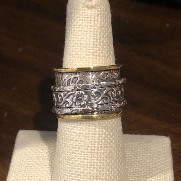 Bicolor Two Tone Engraved Sterling Silver Spinner Ring 7-1/4 - Picture 1 of 6